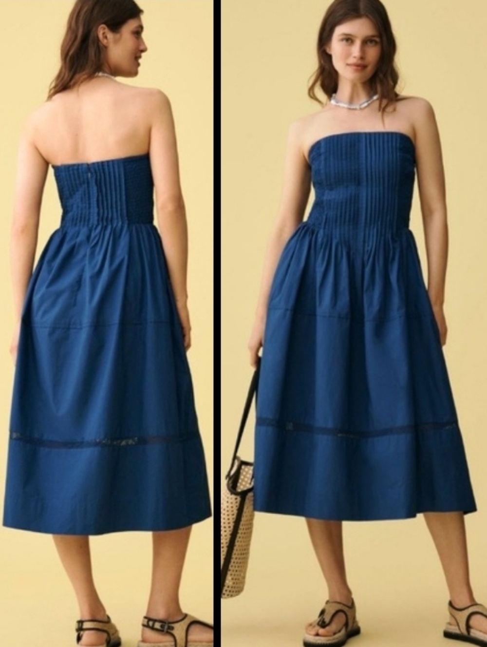 Anthropologie Cotton Poplin Strapless Smocked Blue Midi Dress Summer Size L